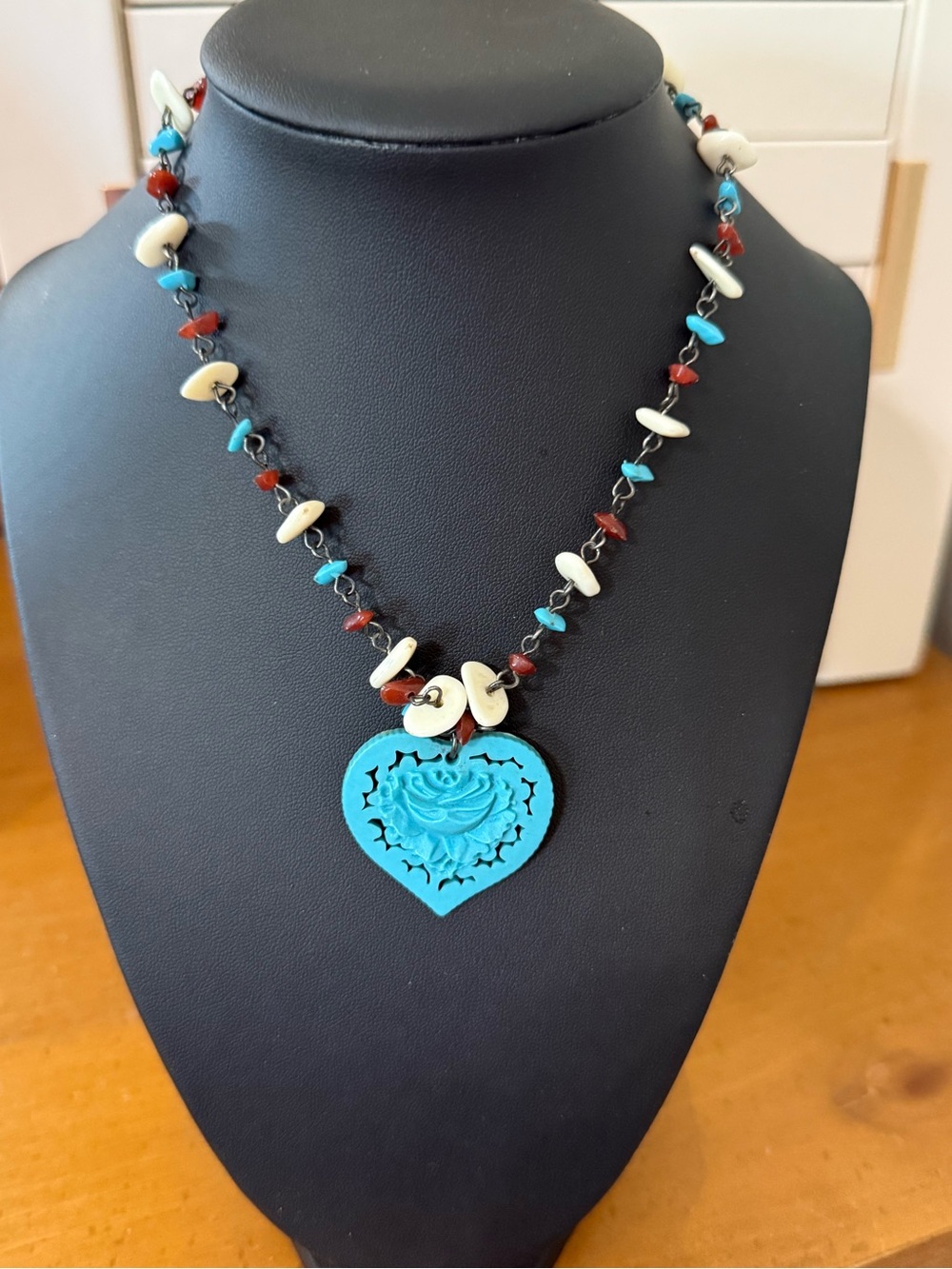 Turquoise Heart Pendant Necklace with White and Red Stone Accents